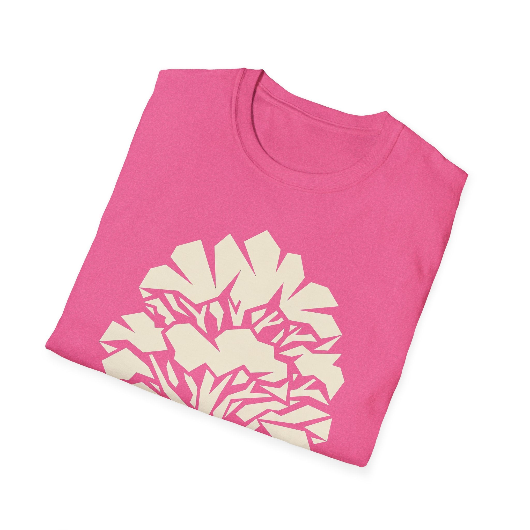 Heather red graphic T-shirt with geometric tree silhouette in cream and pink