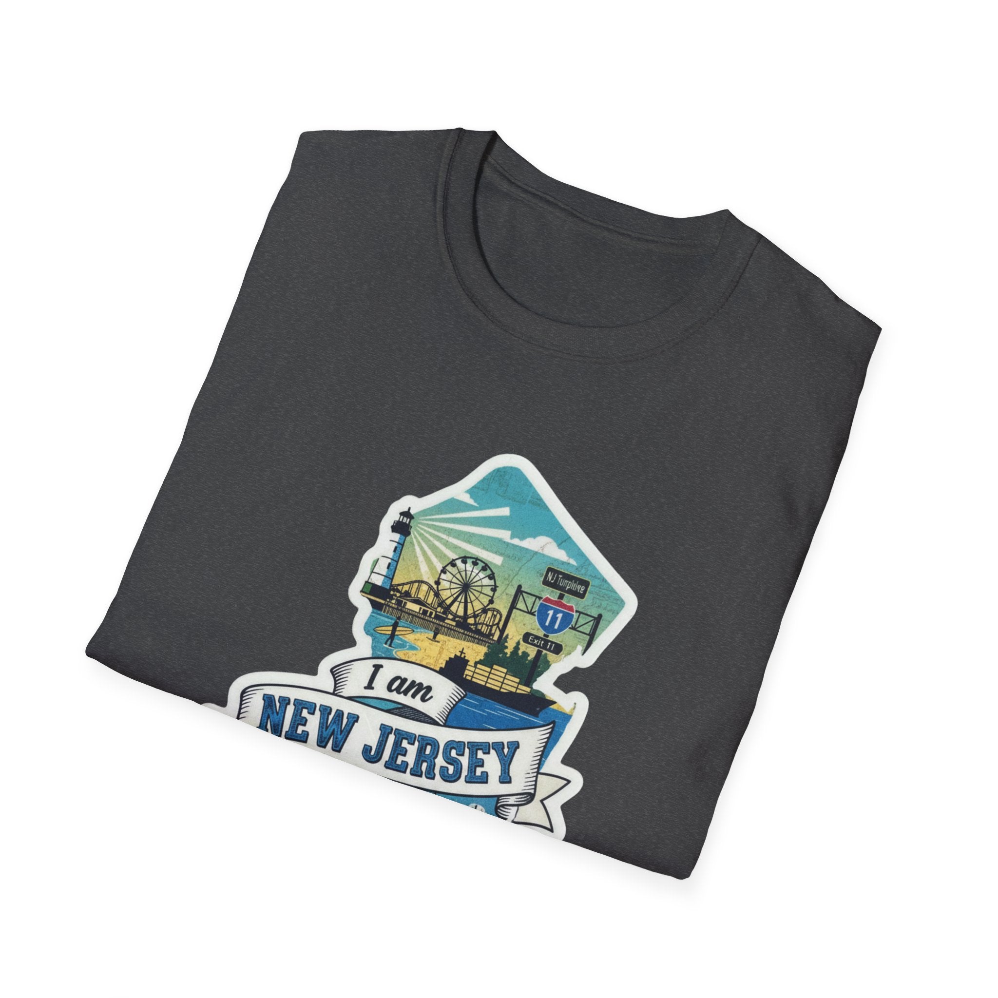 Dark heather T-shirt with “I am NEW JERSEY” skyline graphic, short sleeves.