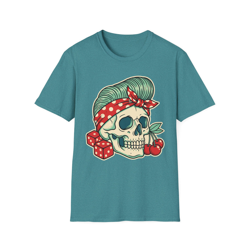 Teal rockabilly T-shirt with sugar skull design, red polka-dot headscarf and cherries