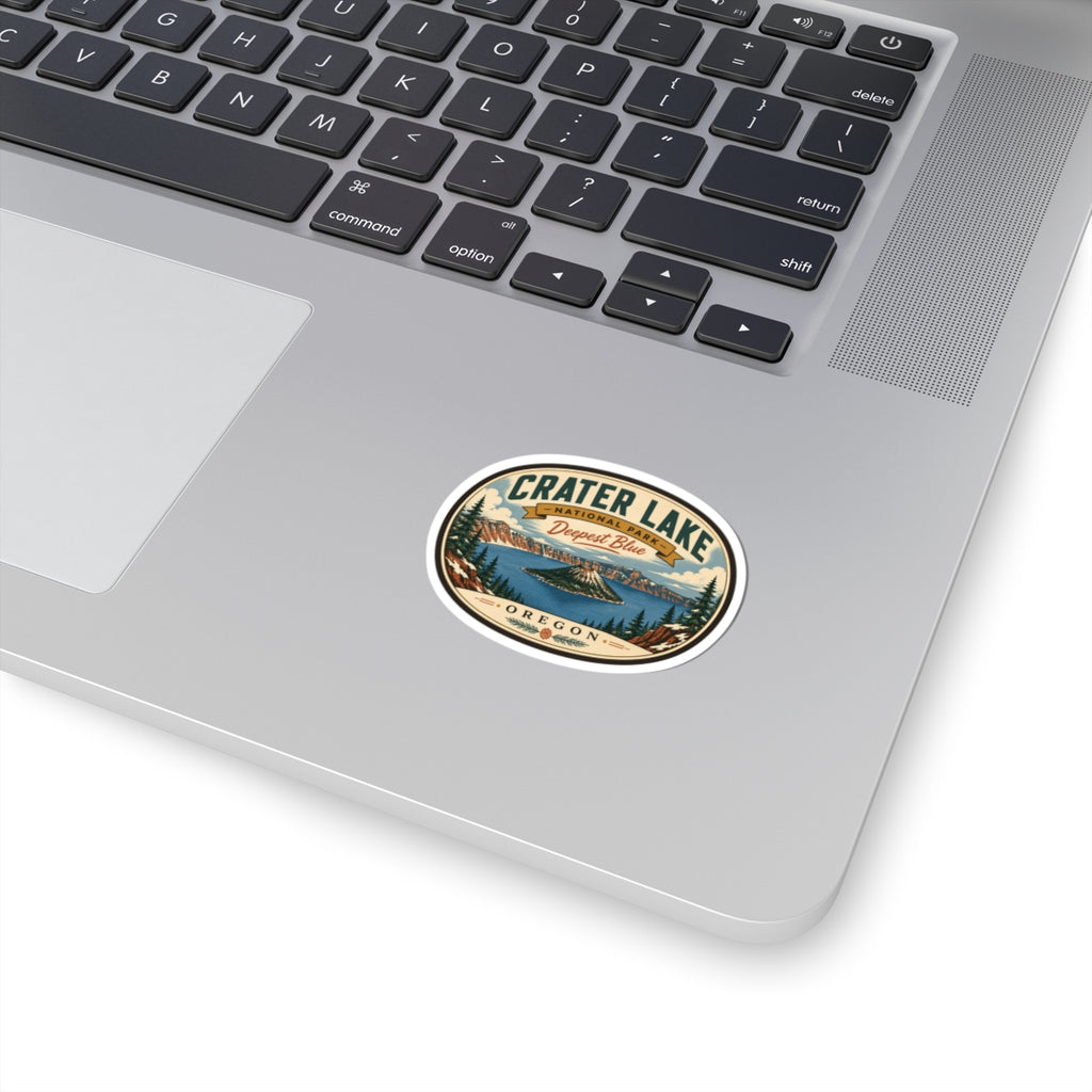 Circular Crater Lake travel sticker with retro lake, mountains, and gold border