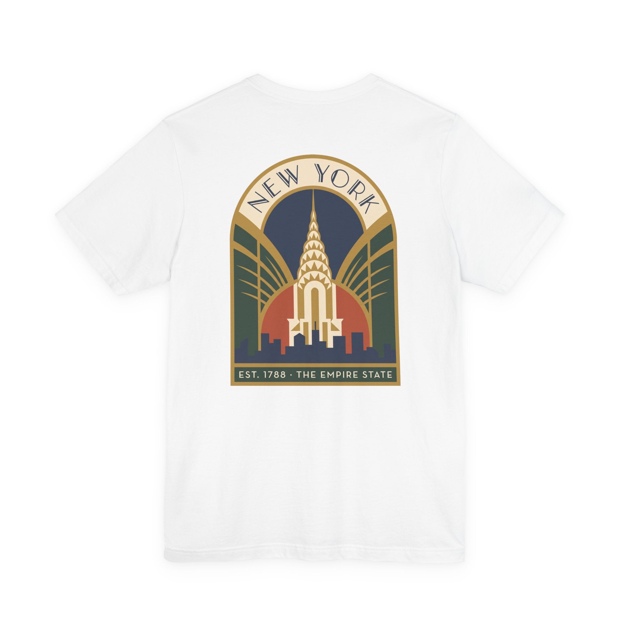 White T-shirt with large round New York skyline emblem graphic