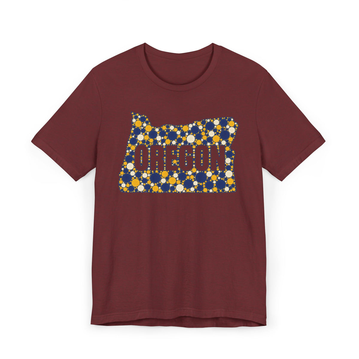Burgundy t-shirt with Oregon polka dot map graphic in blue and gold on front