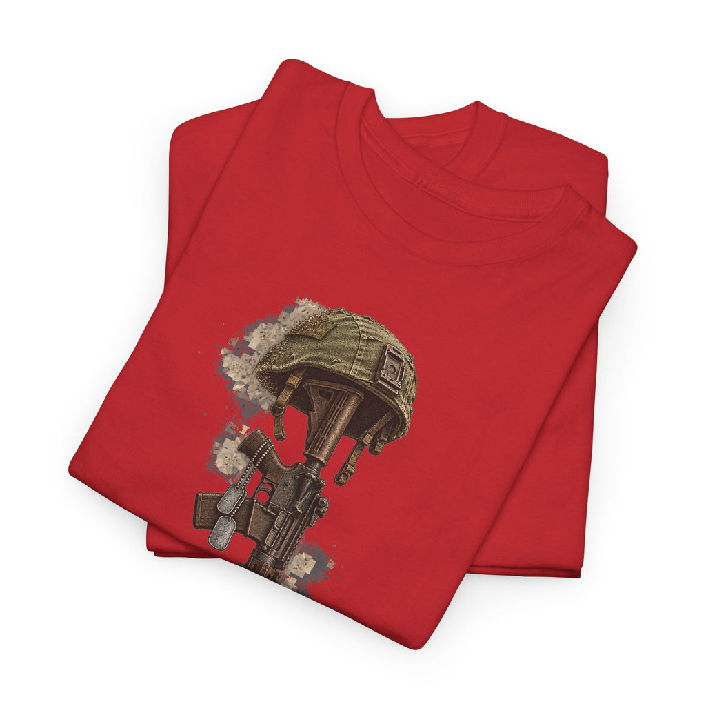 Red crewneck t-shirt with fallen soldier helmet and boots graphic