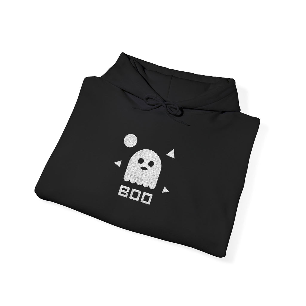 Unisex black folded hoodie with white boo ghost graphic