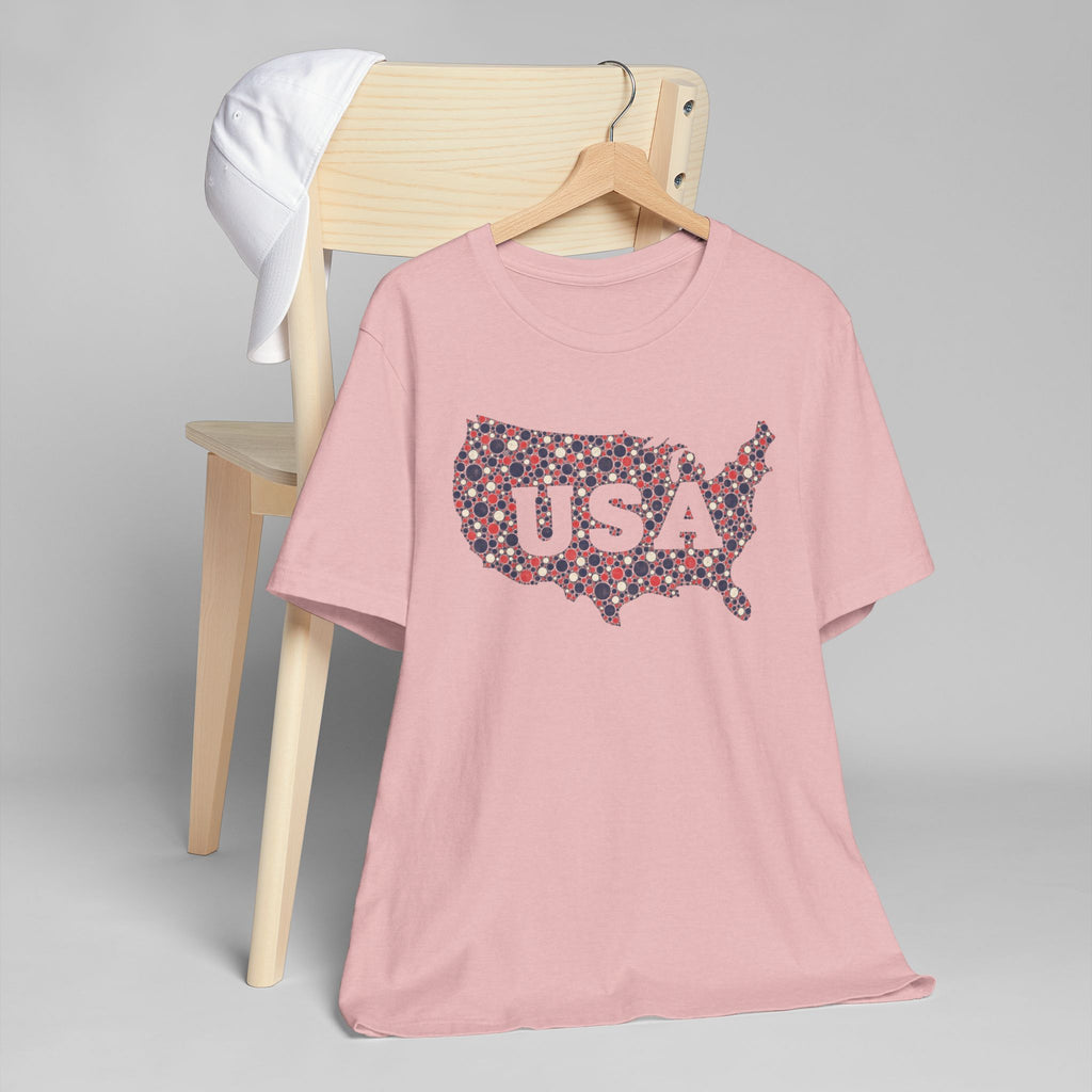 Pink crew-neck T-shirt with colorful USA map outline graphic