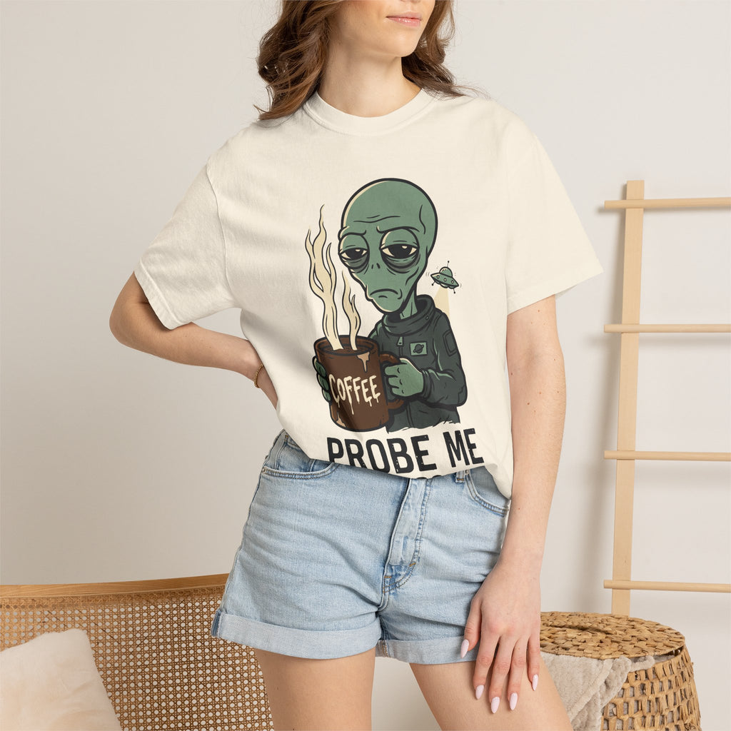 Ivory short-sleeve T-shirt with alien holding coffee and “PROBE ME” graphic on chest