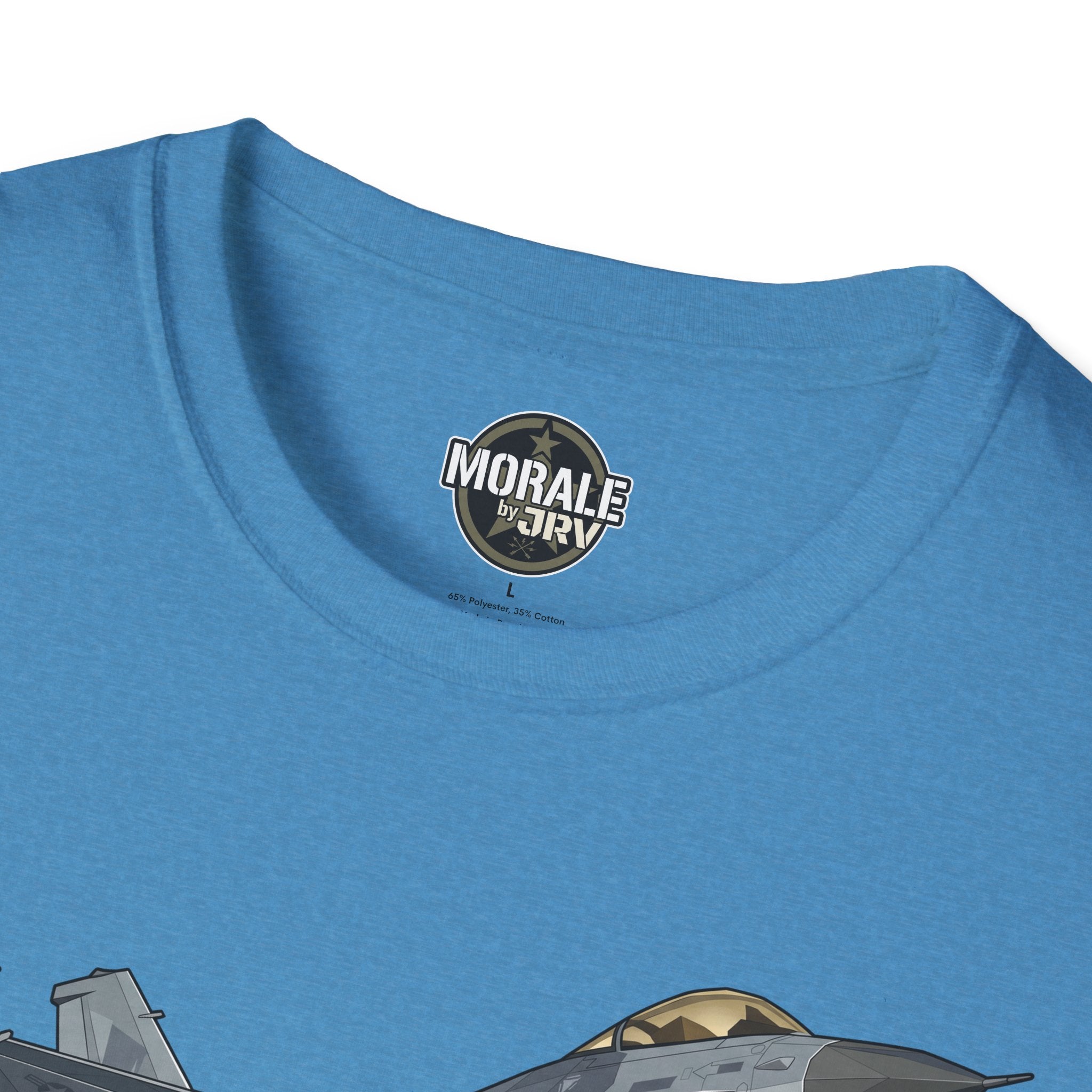 Light blue T-shirt with “MORALE by JRVI” logo print at the neckline