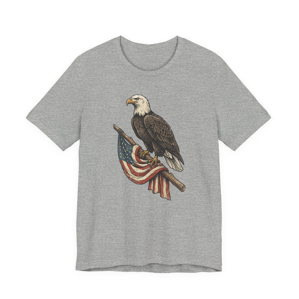 Heather gray crewneck t-shirt with vintage bald eagle graphic holding American flag