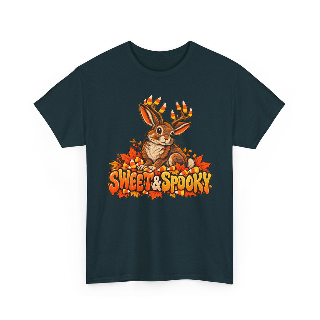 Halloween jackalope T-shirt, dark teal with candy corn antler bunny graphic and text
