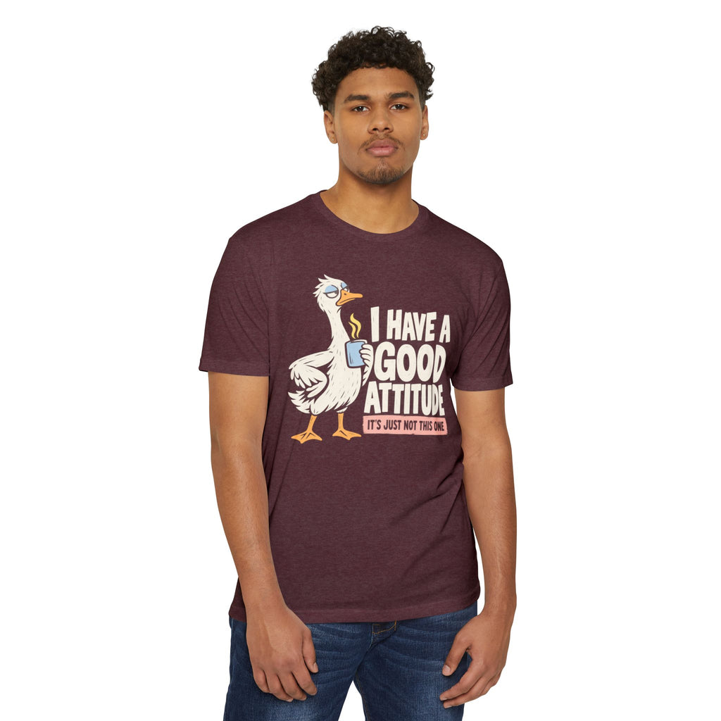 Dark maroon crew-neck T-shirt with rooster graphic and 'good attitude' quote