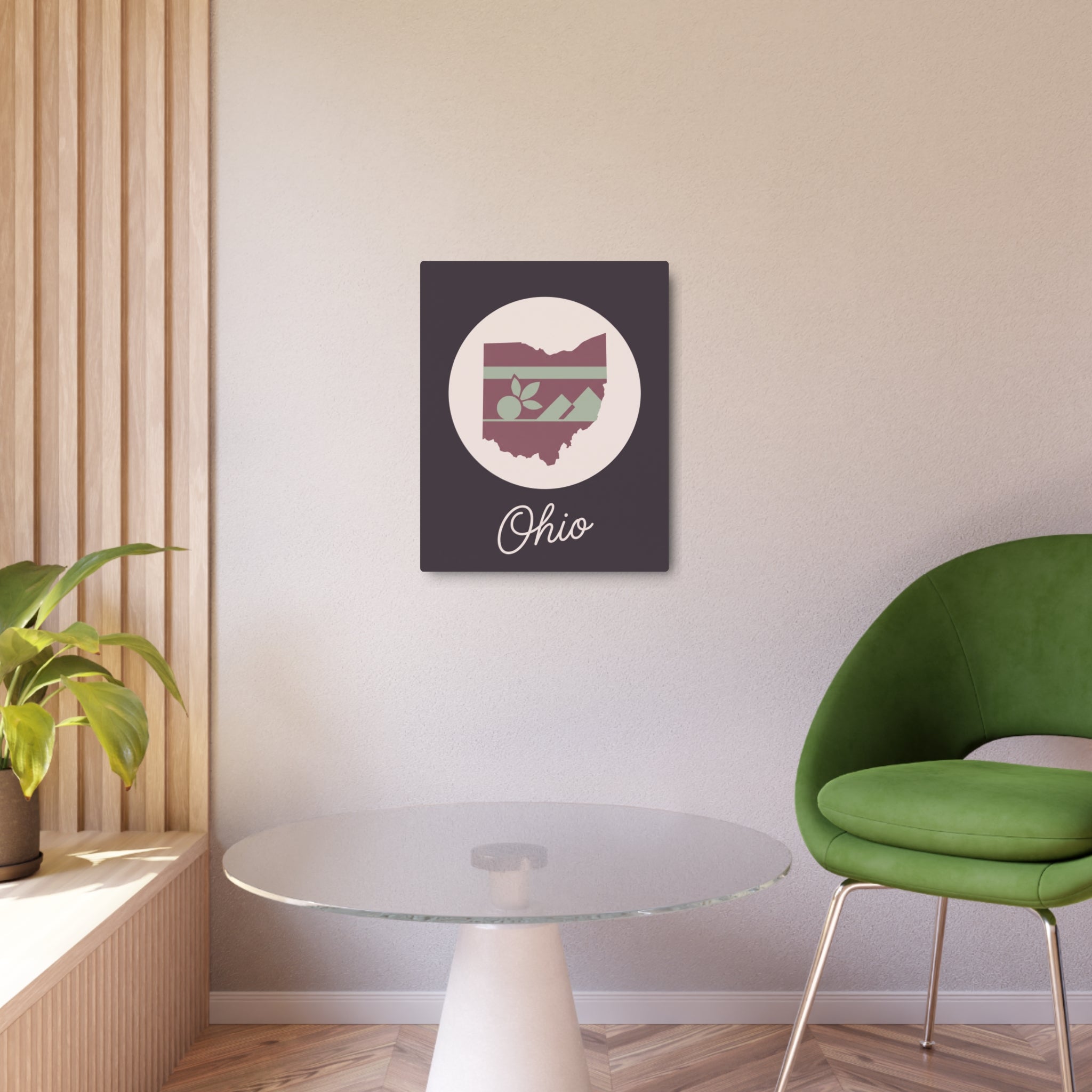 Mauve square metal sign with Ohio emblem and cursive 'Ohio' beneath