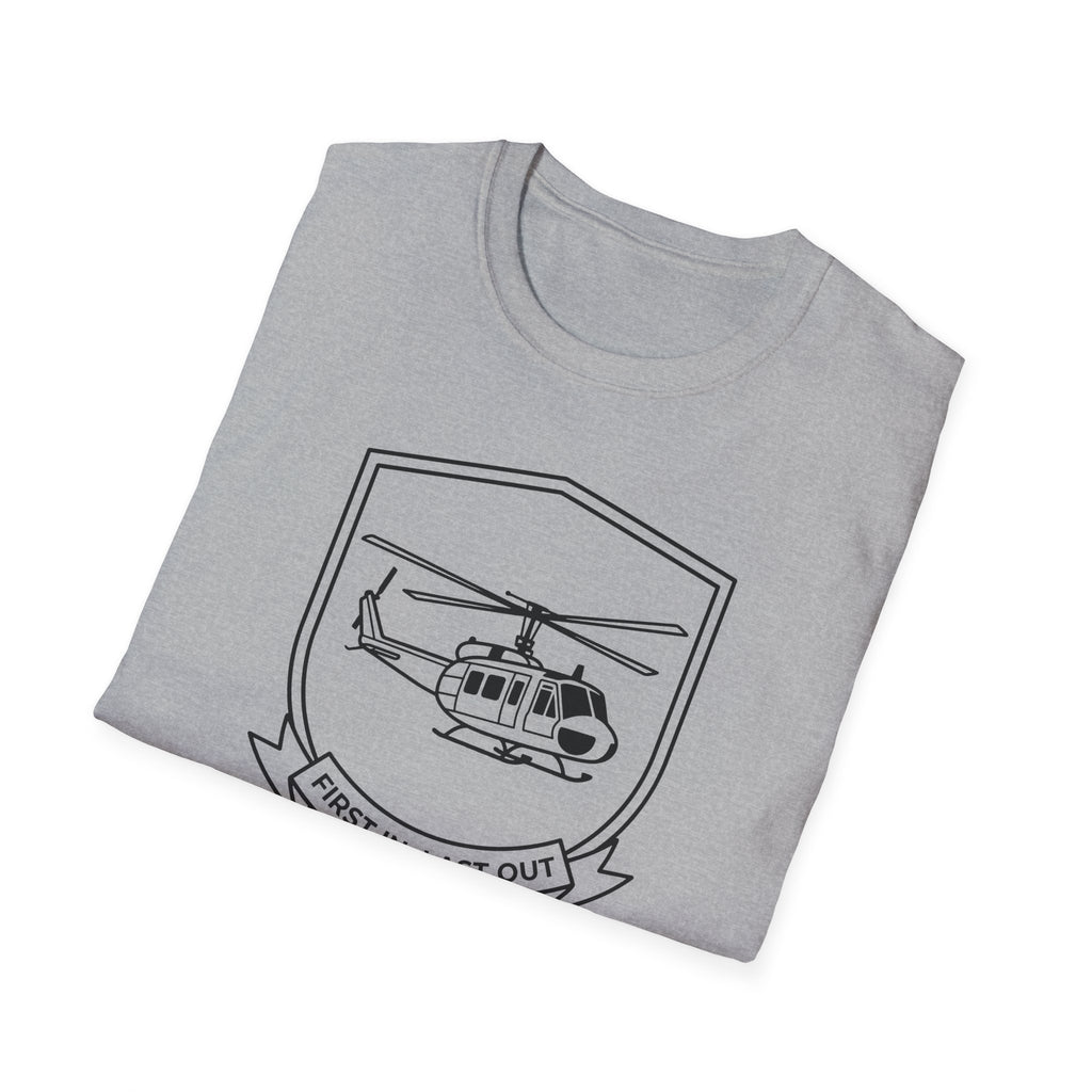 Heather gray T-shirt with white rescue helicopter outline and badge graphic