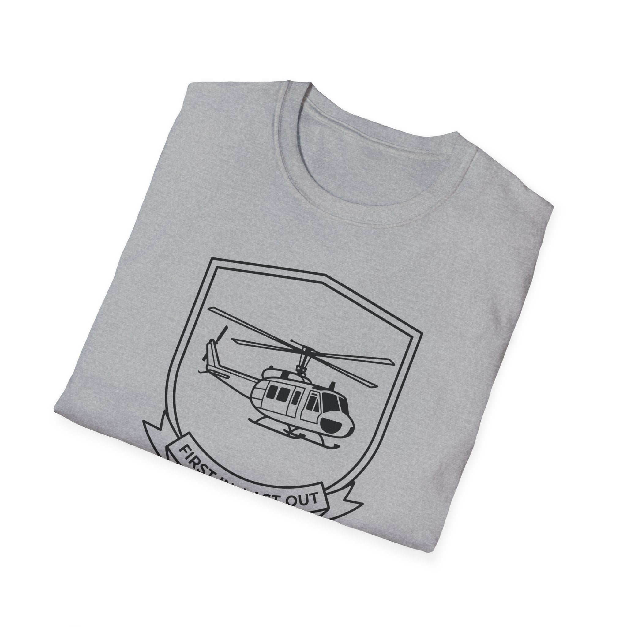 Heather gray T-shirt with white rescue helicopter outline and badge graphic