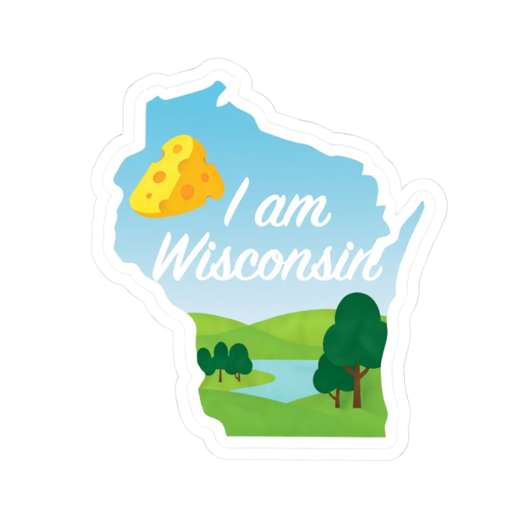 I am Wisconsin sticker with cheese, lake scene, trees, and cursive text