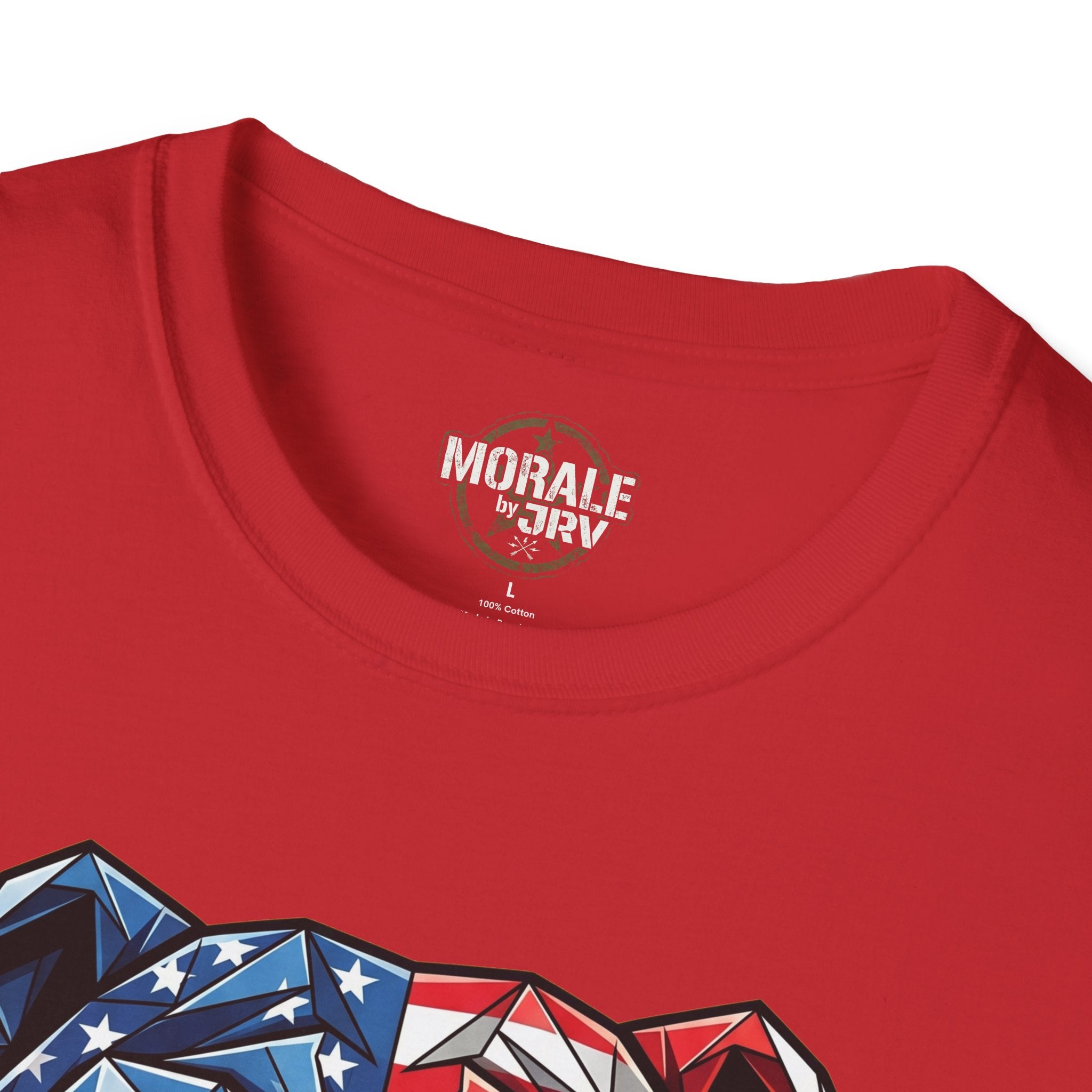 Red T-shirt neck close-up with “MORALE by TJR” logo