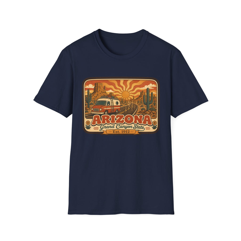Men’s unisex navy T-shirt with Arizona graphic print featuring a camper and desert scene