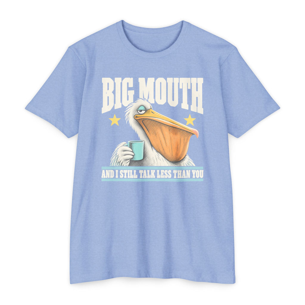 Light blue T-shirt with pelican-and-coffee cup graphic and 'BIG MOUTH' text