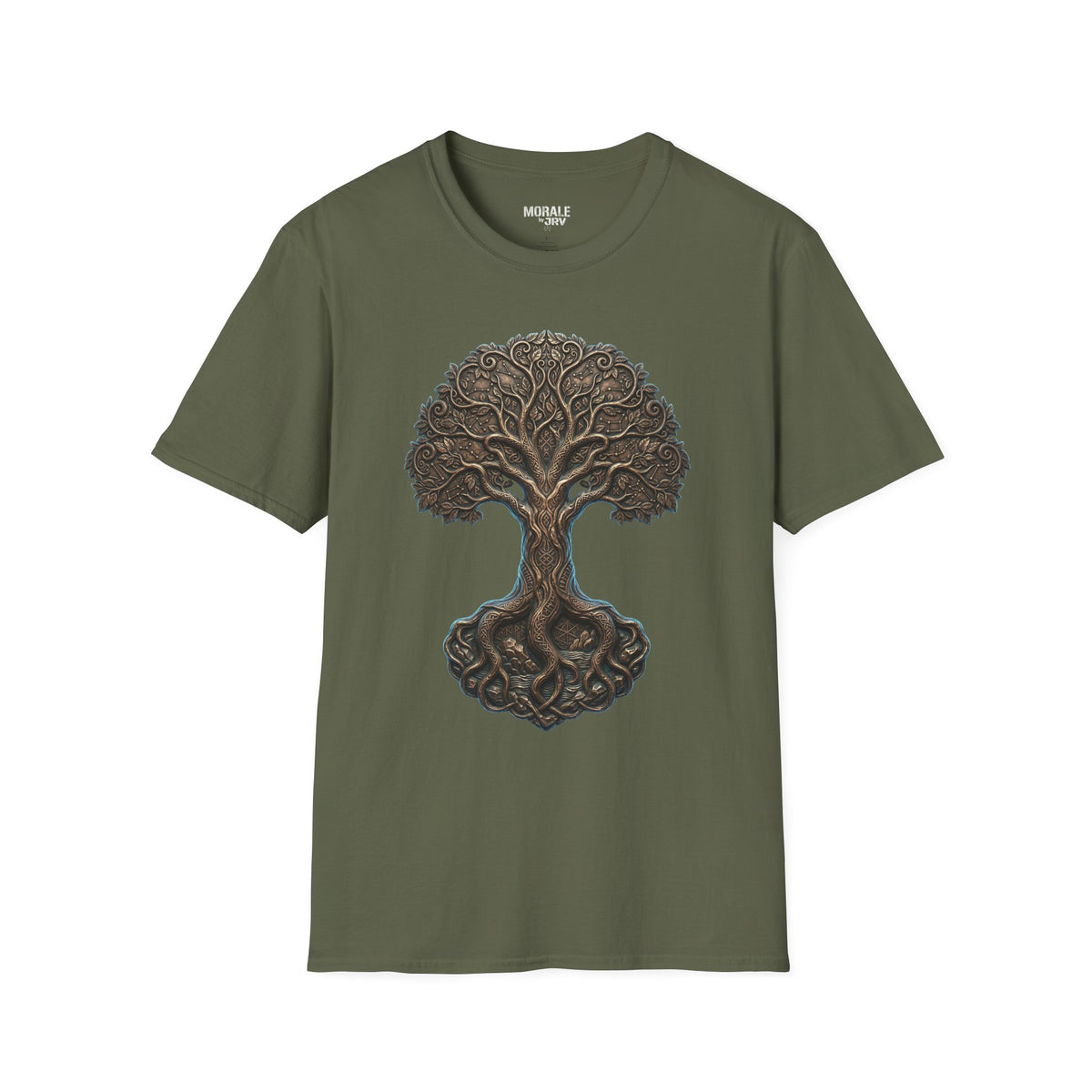 Military green short-sleeve T-shirt with Celtic Tree of Life knotwork graphic.