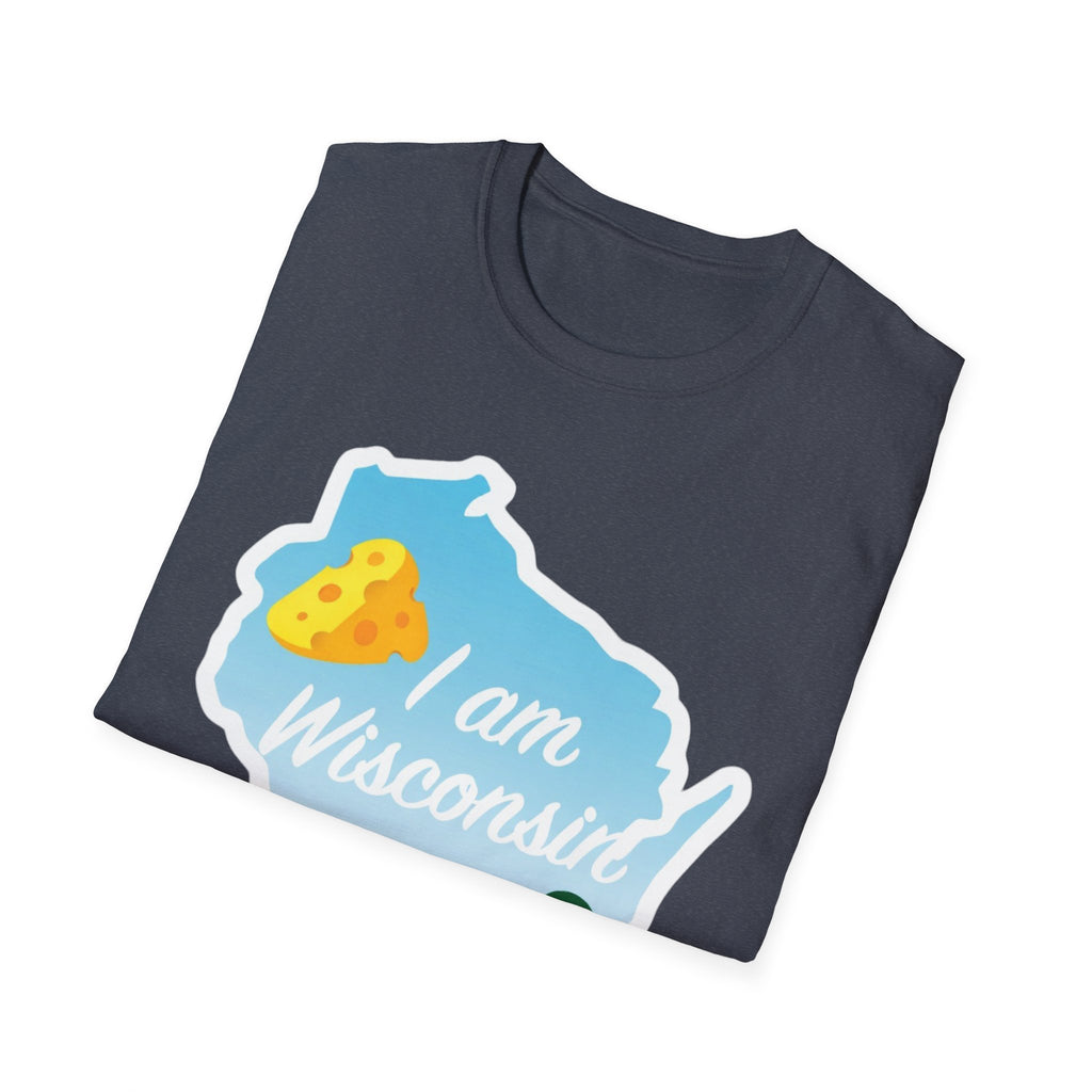 I Am Wisconsin T‑Shirt dark gray with blue Wisconsin graphic and yellow cheese