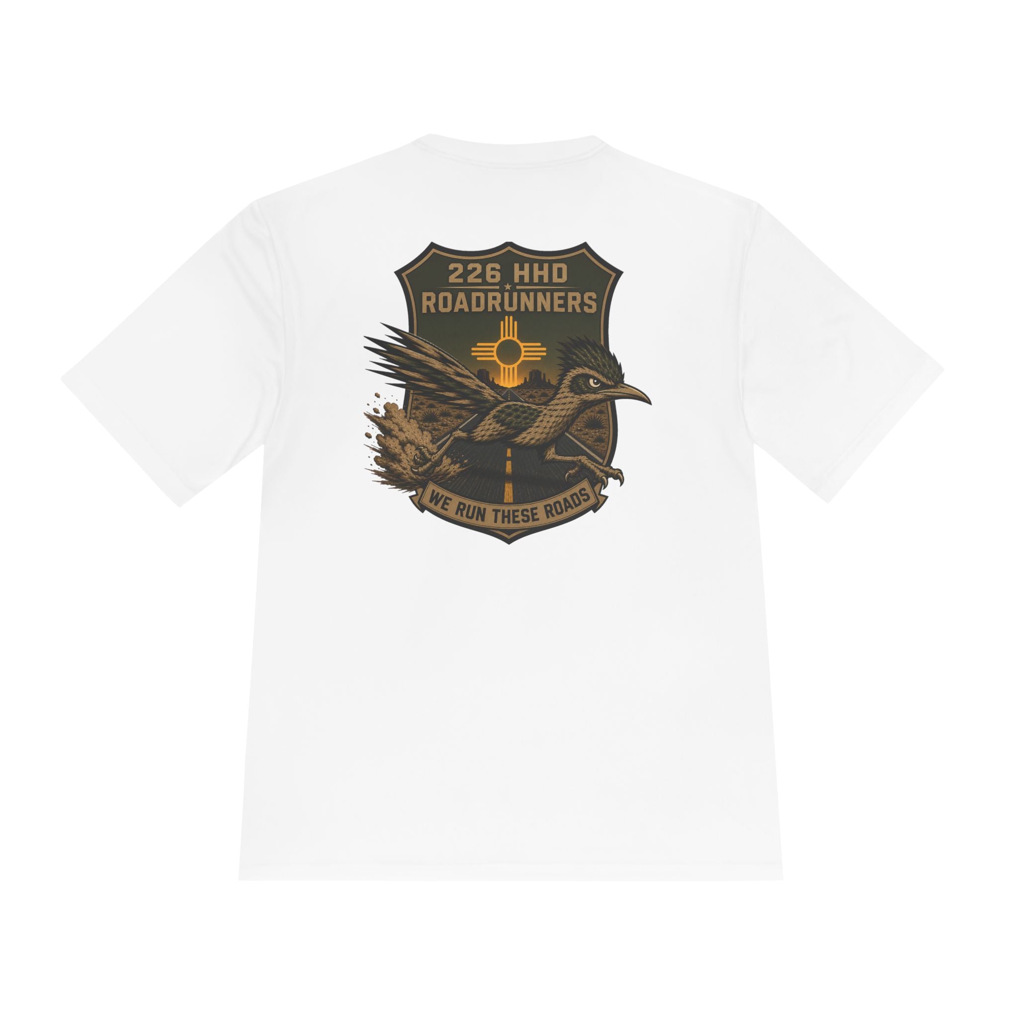 White polyester T-shirt with bird graphic and text on back