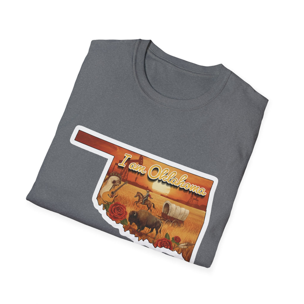 Graphite Heather T-shirt with 'I am Oklahoma' cowboy scene graphic