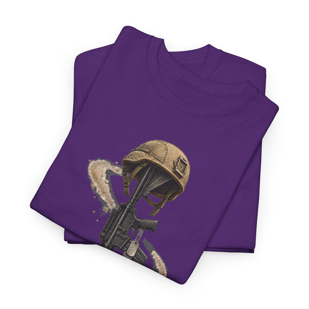 Purple crew-neck T-shirt with helmeted soldier graphic on front