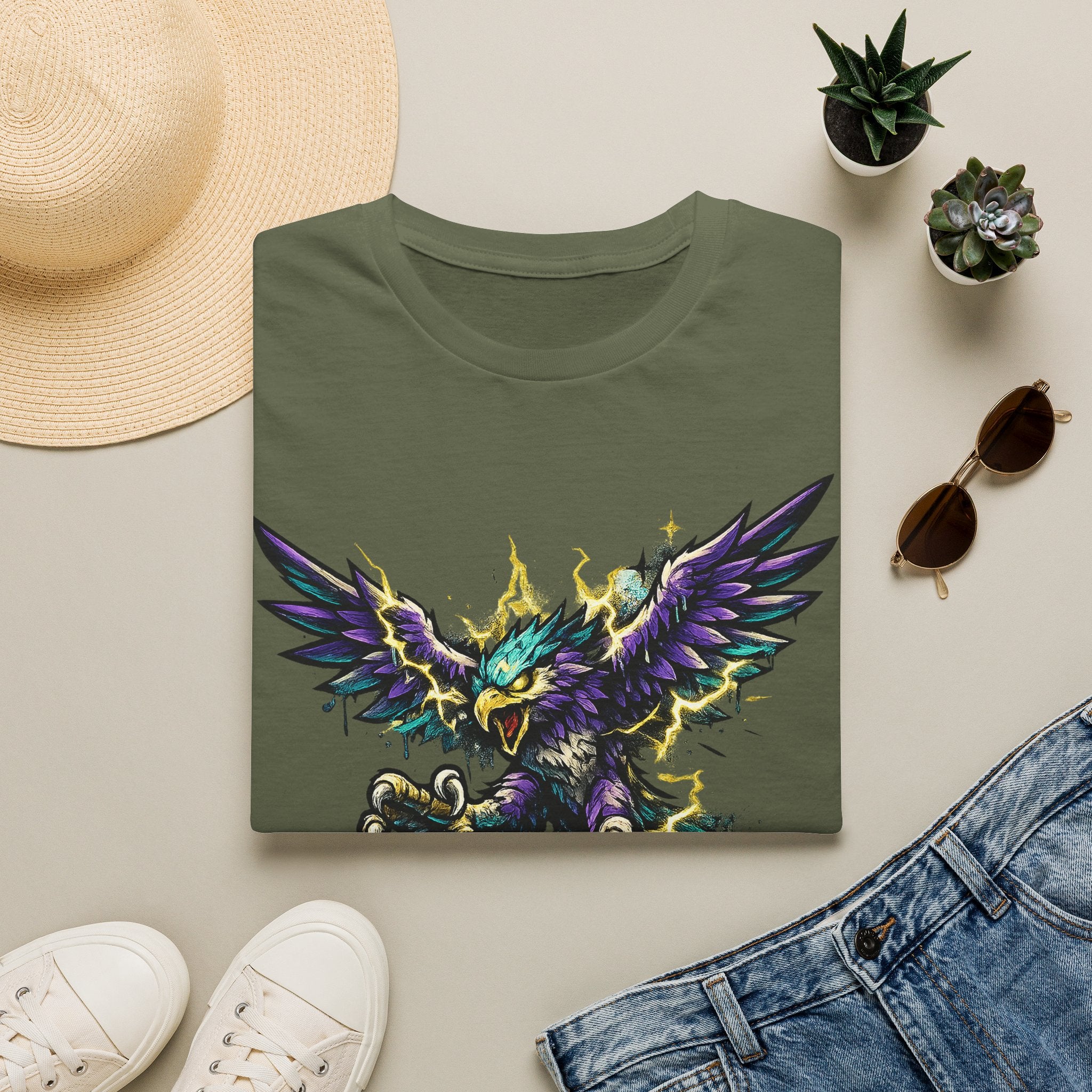 Dark green crew-neck T-shirt with colorful mythical lightning bird graphic