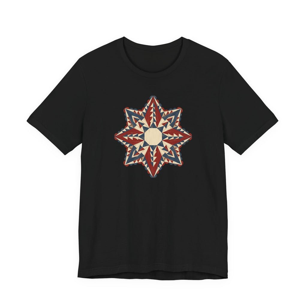 Black graphic tee with colorful star mandala geometric compass print