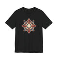 Black graphic tee with colorful star mandala geometric compass print