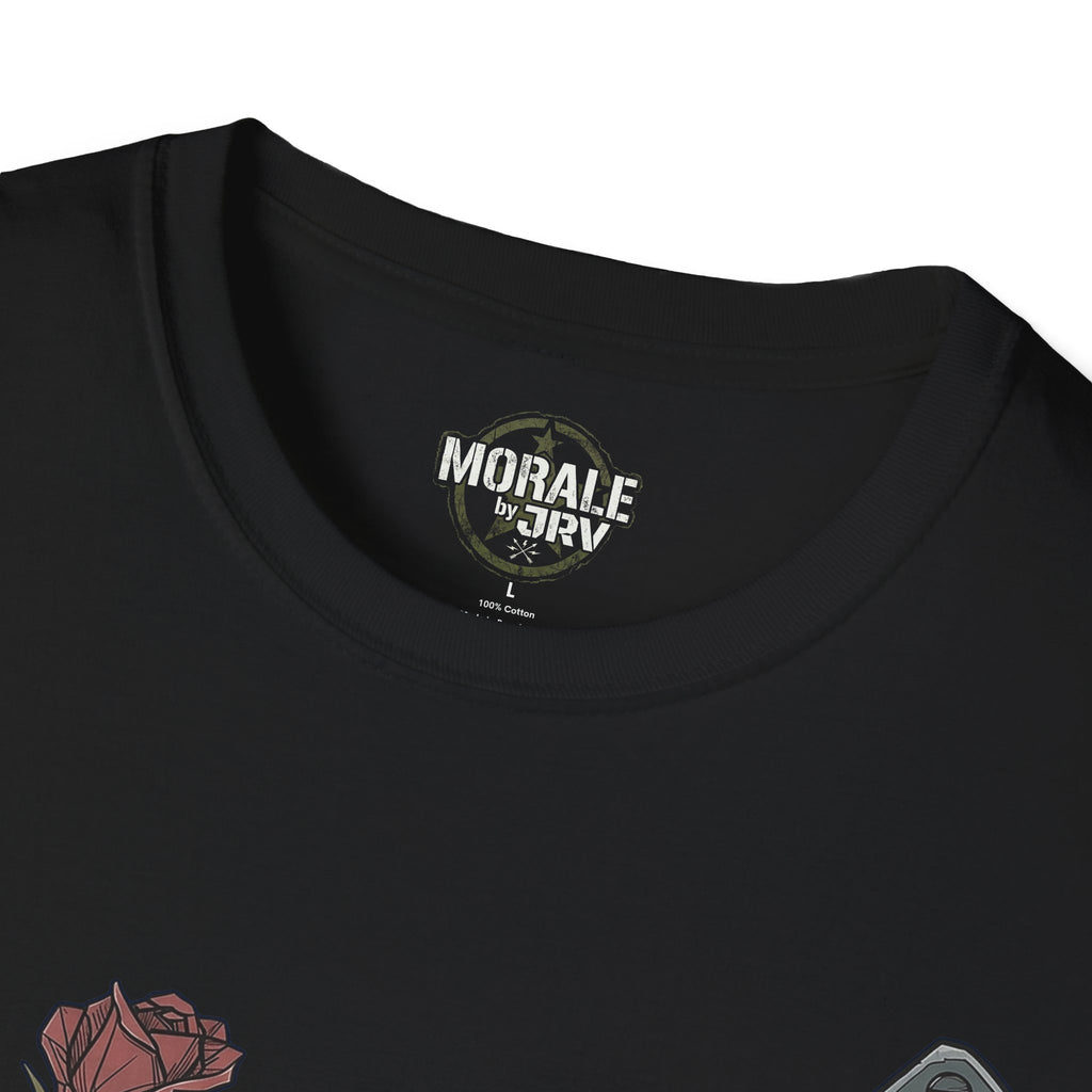 Black T-shirt neckline logo, close-up view