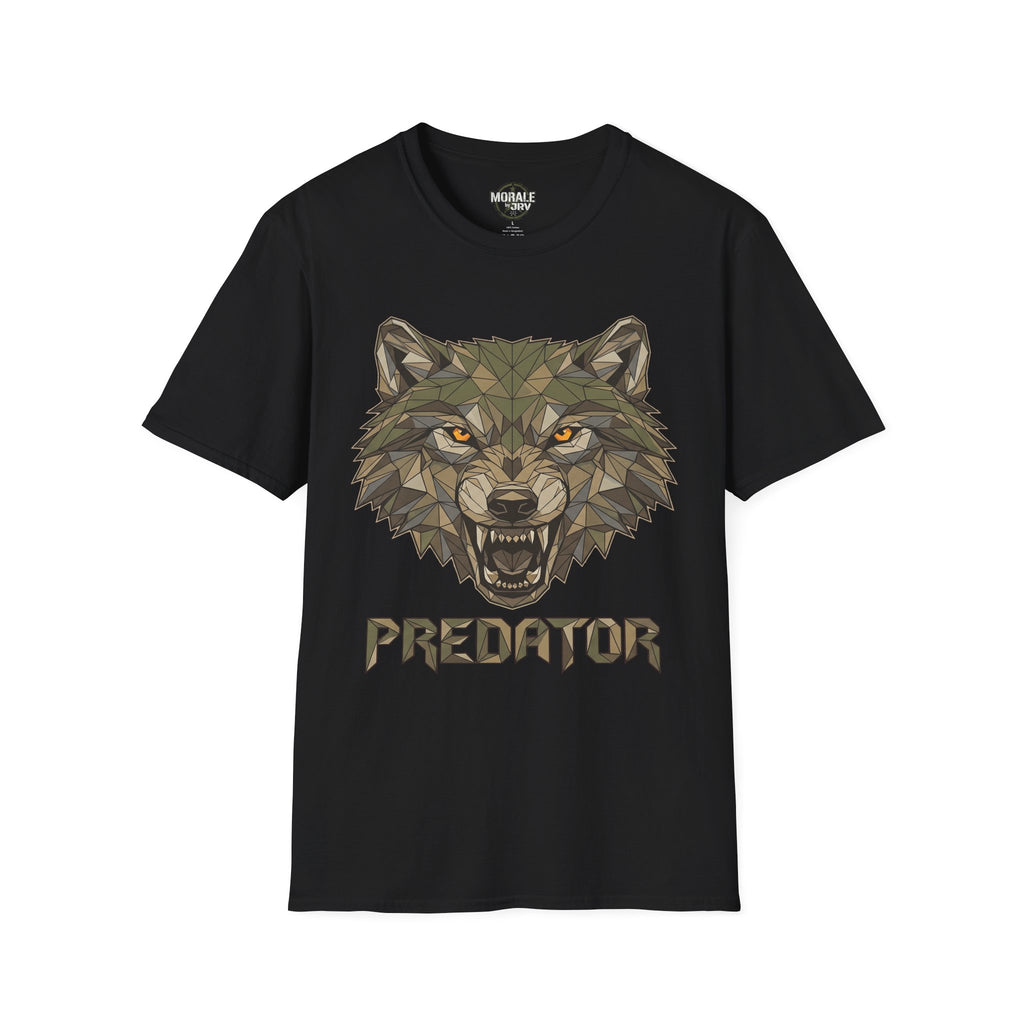 Geometrischer Wolfkopf Predator T‑Shirt, schwarz, Frontdruck mit Wolfgesicht & Schriftzug