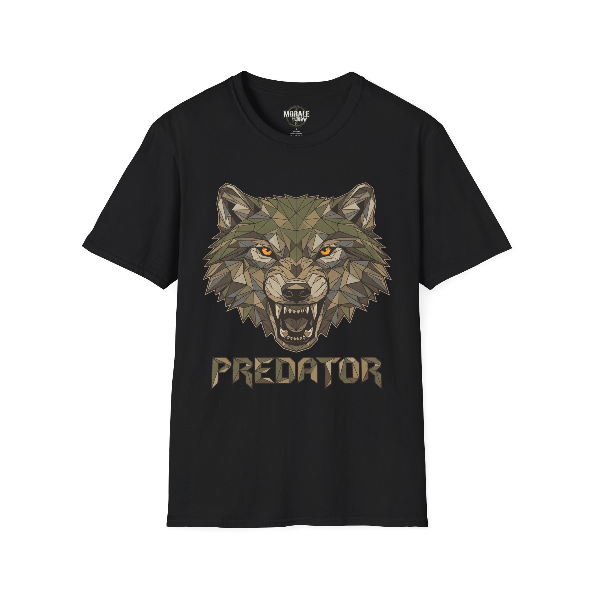 Geometrischer Wolfkopf Predator T‑Shirt, schwarz, Frontdruck mit Wolfgesicht & Schriftzug
