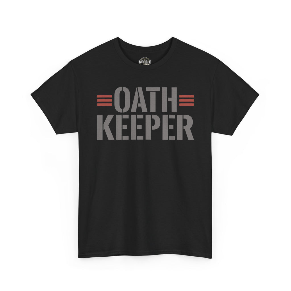 Black T-shirt with “OATH KEEPER” front graphic and crew neck short sleeves.