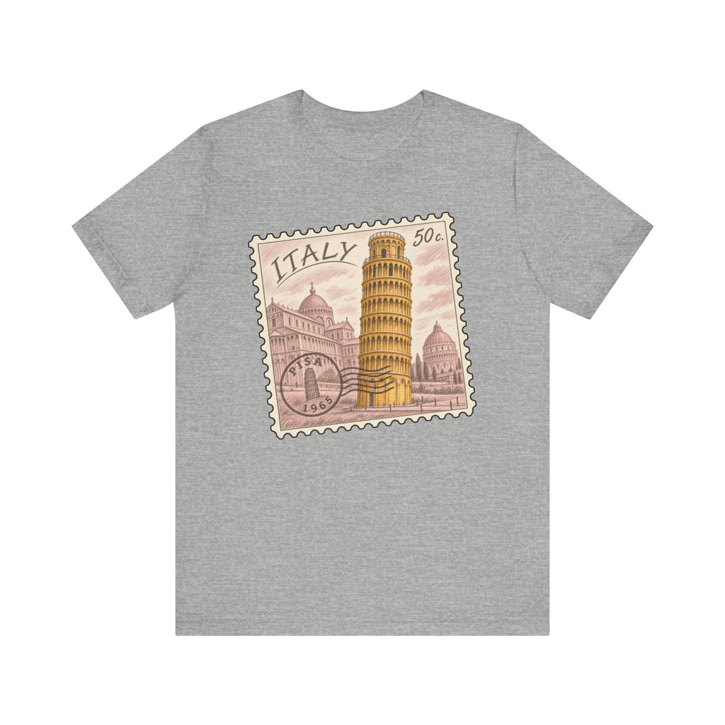 Heather gray T-shirt with vintage Italy stamp graphic featuring the Leaning Tower of Pisa