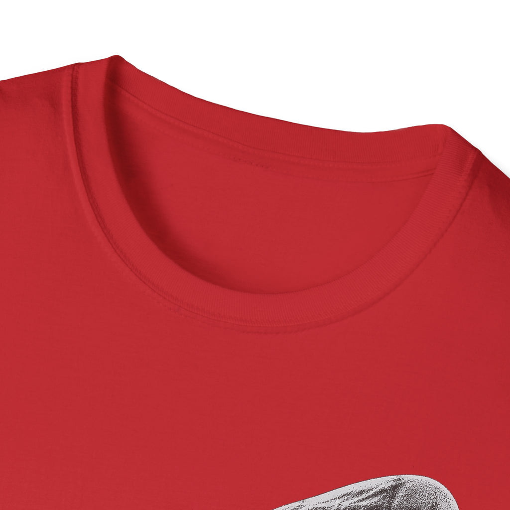 Red crew-neck T-shirt with ribbed collar close-up