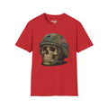 Red T-shirt with camo military helmet skull and American flag patch graphic