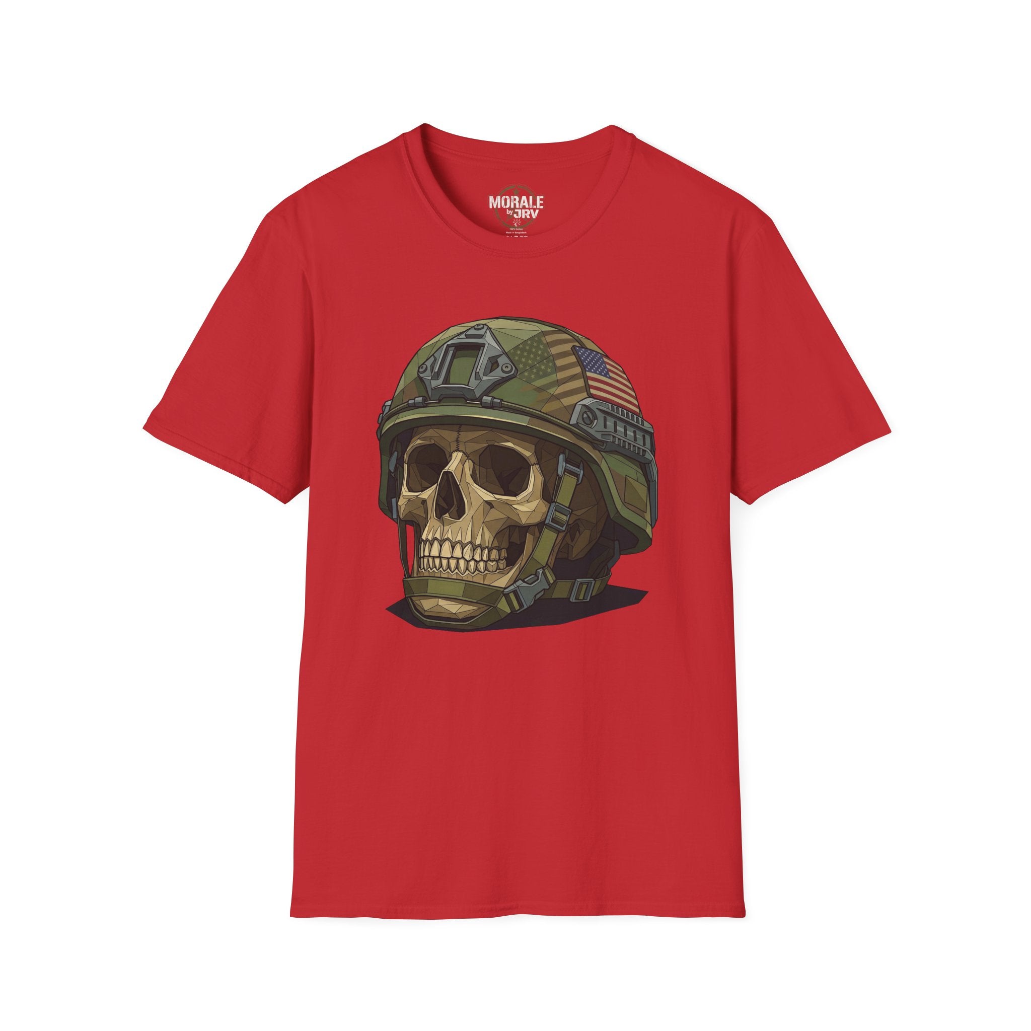 Red T-shirt with camo military helmet skull and American flag patch graphic