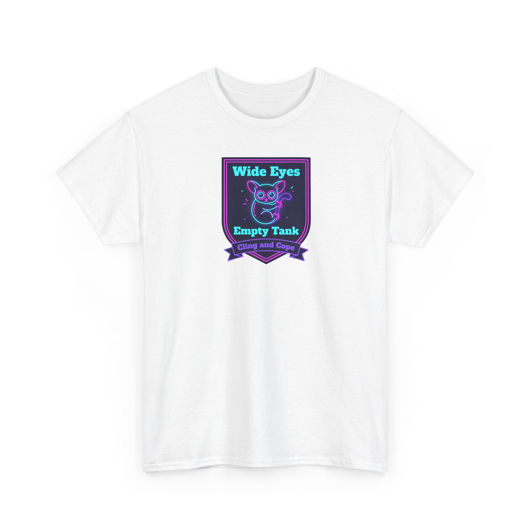 White crewneck T-shirt with neon purple and teal owl badge graphic centered on chest