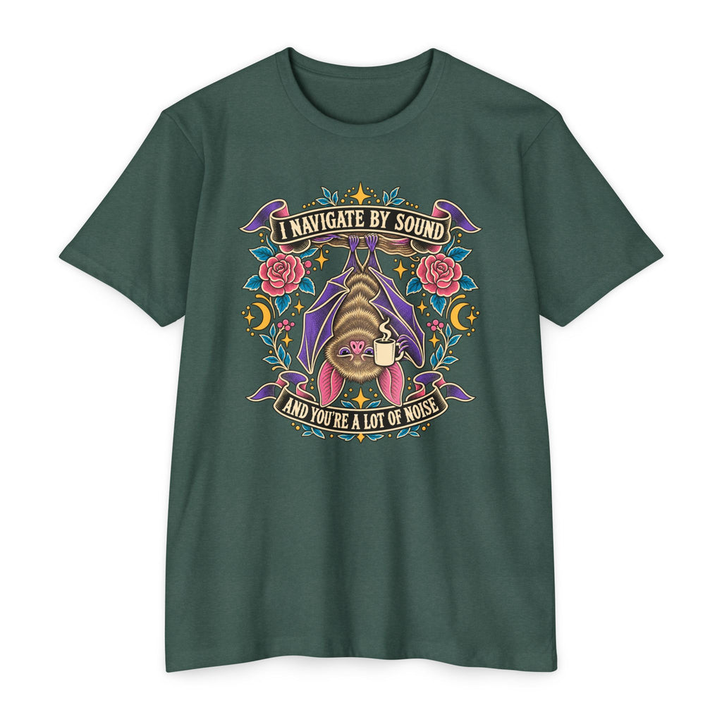Deep green crew-neck T-shirt with colorful bat and floral graphic at center chest