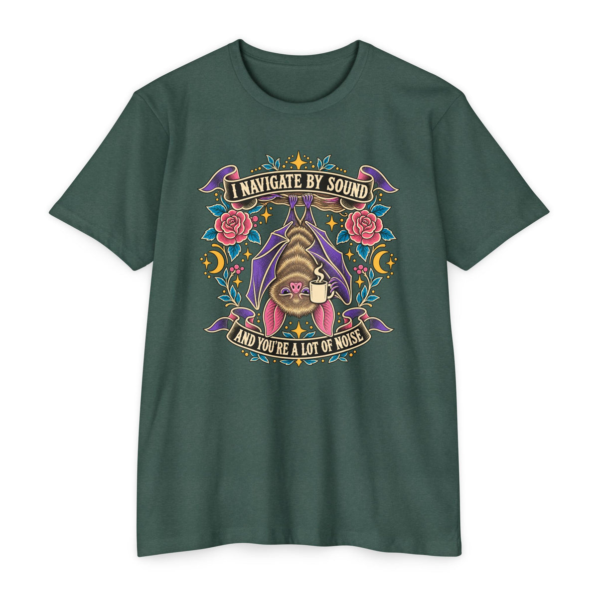 Deep green crew-neck T-shirt with colorful bat and floral graphic at center chest