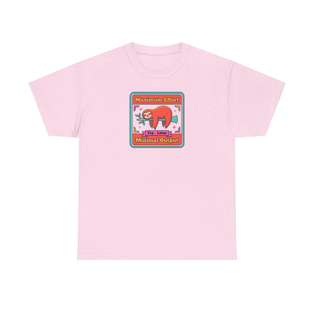 Light pink short-sleeve T-shirt with colorful sloth graphic chest print