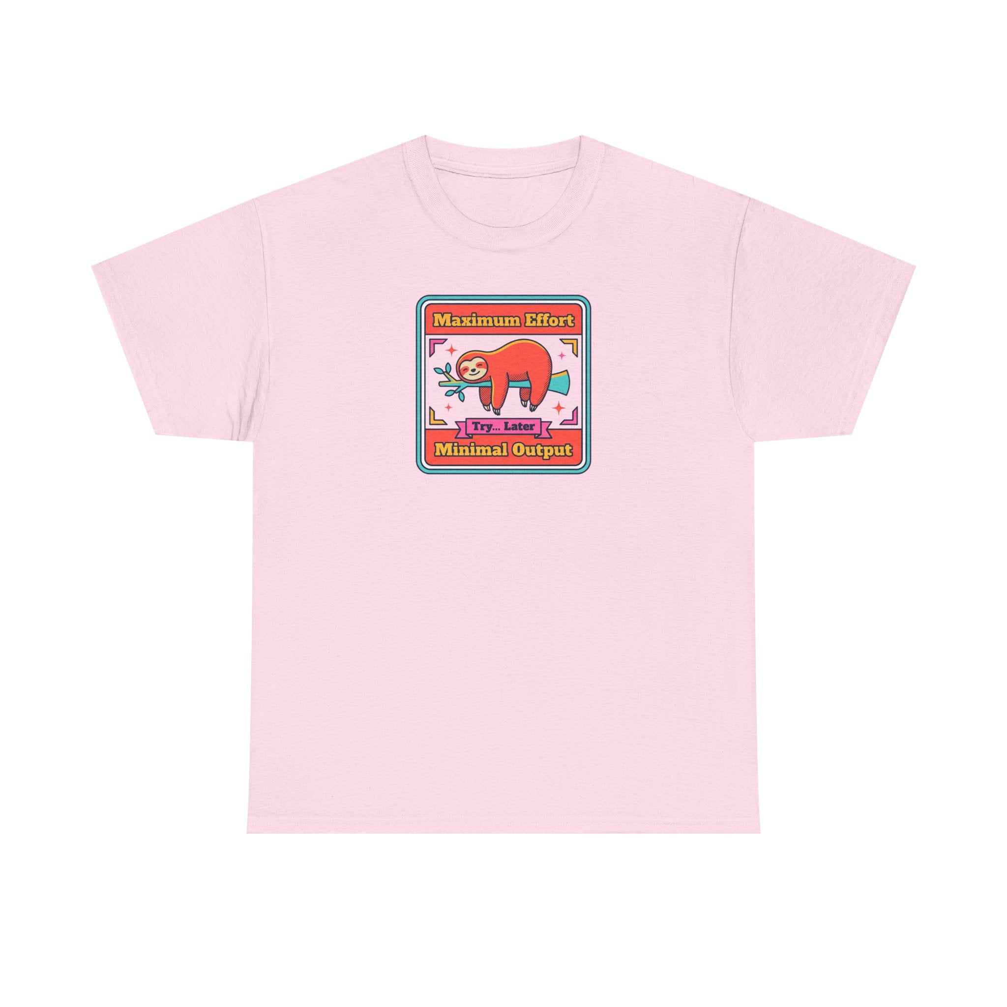 Light pink short-sleeve T-shirt with colorful sloth graphic chest print