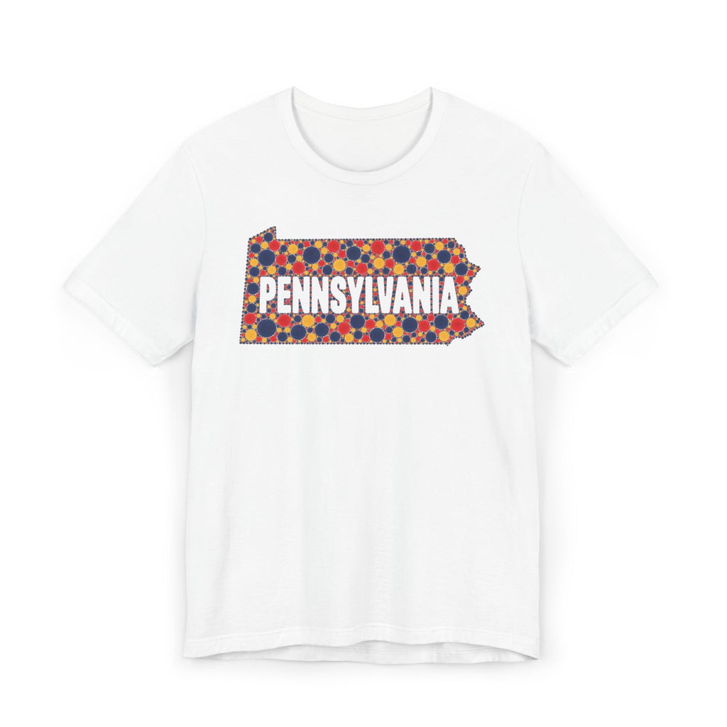 White crew-neck t-shirt with colorful dotted Pennsylvania graphic on chest