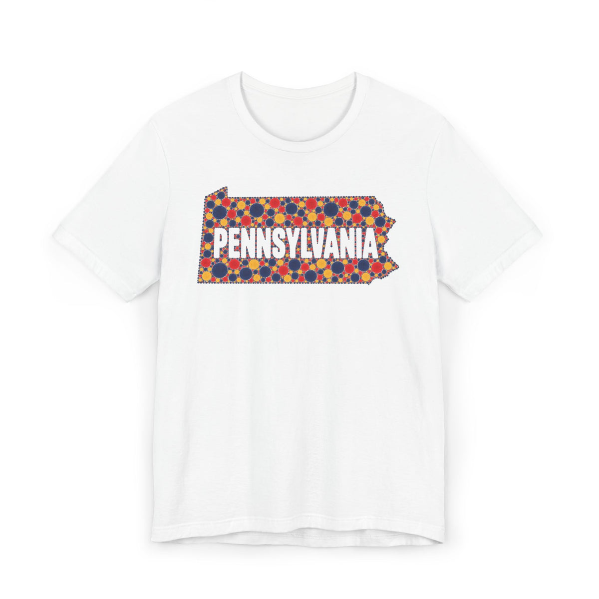 White crew-neck t-shirt with colorful dotted Pennsylvania graphic on chest