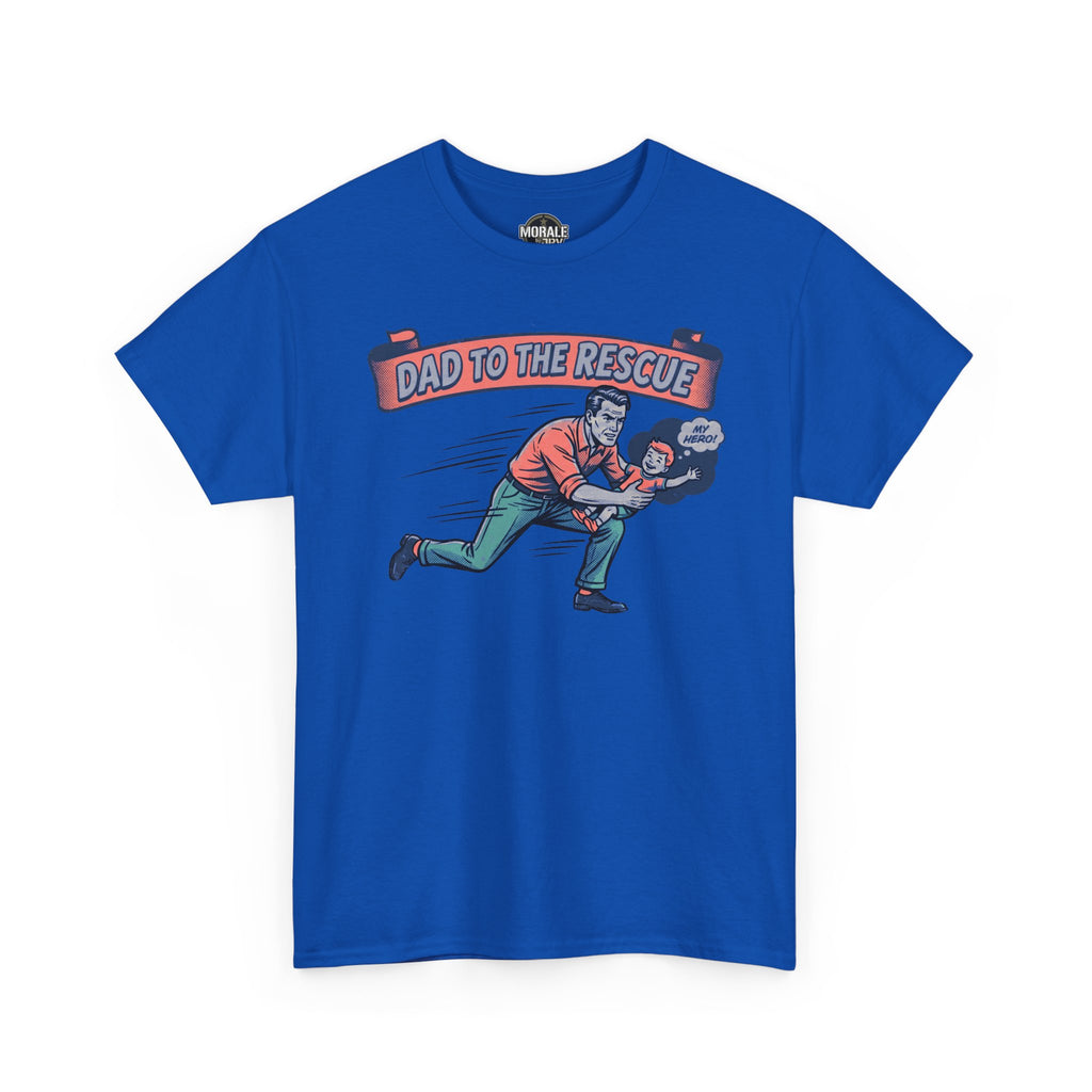 Blue T-shirt with “Dad to the Rescue” hero graphic on front