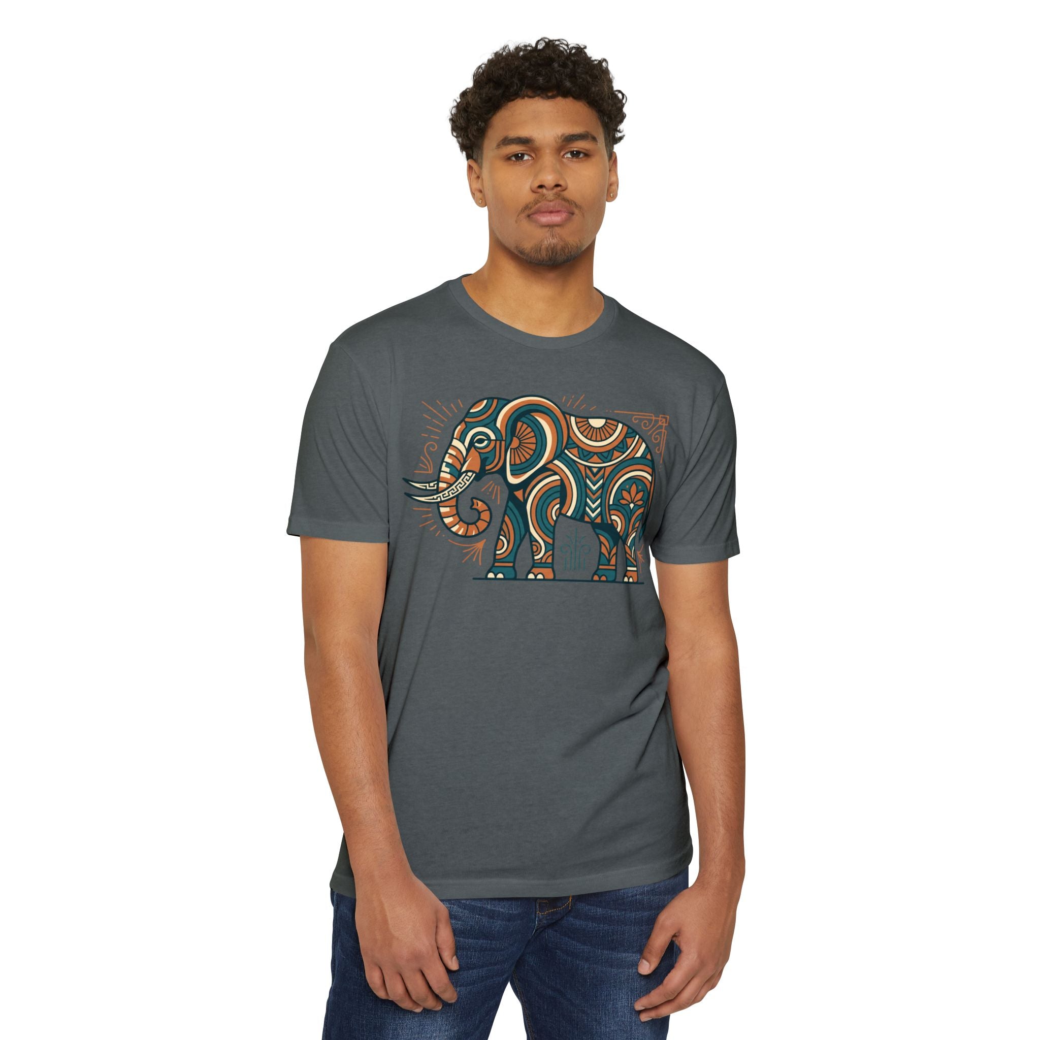 Men's graphic T-shirt in dark gray-green with multicolor elephant paisley panel on front