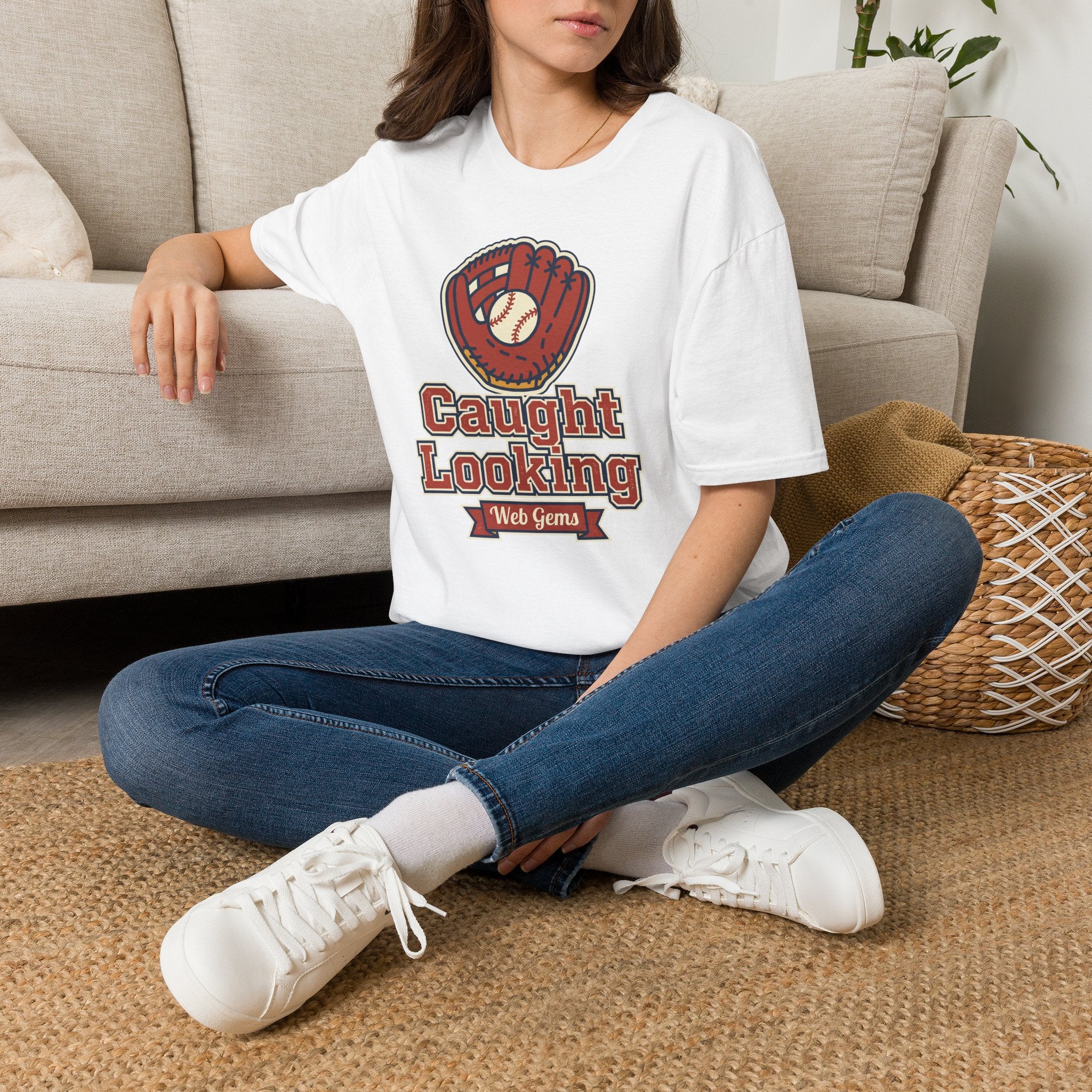 White baseball T-shirt with 'Caught Looking' glove graphic and 'Web Gems' text
