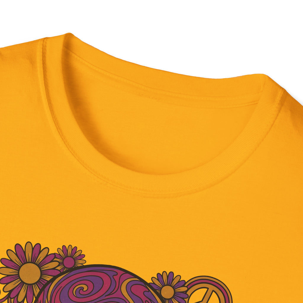 Yellow crewneck with partial skull flower graphic at lower hem