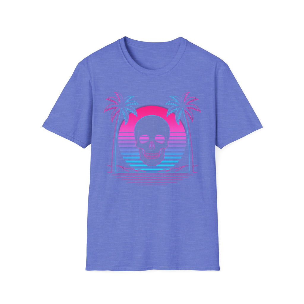 Blue T-shirt with vaporwave skull graphic, palm trees and sunset arch design
