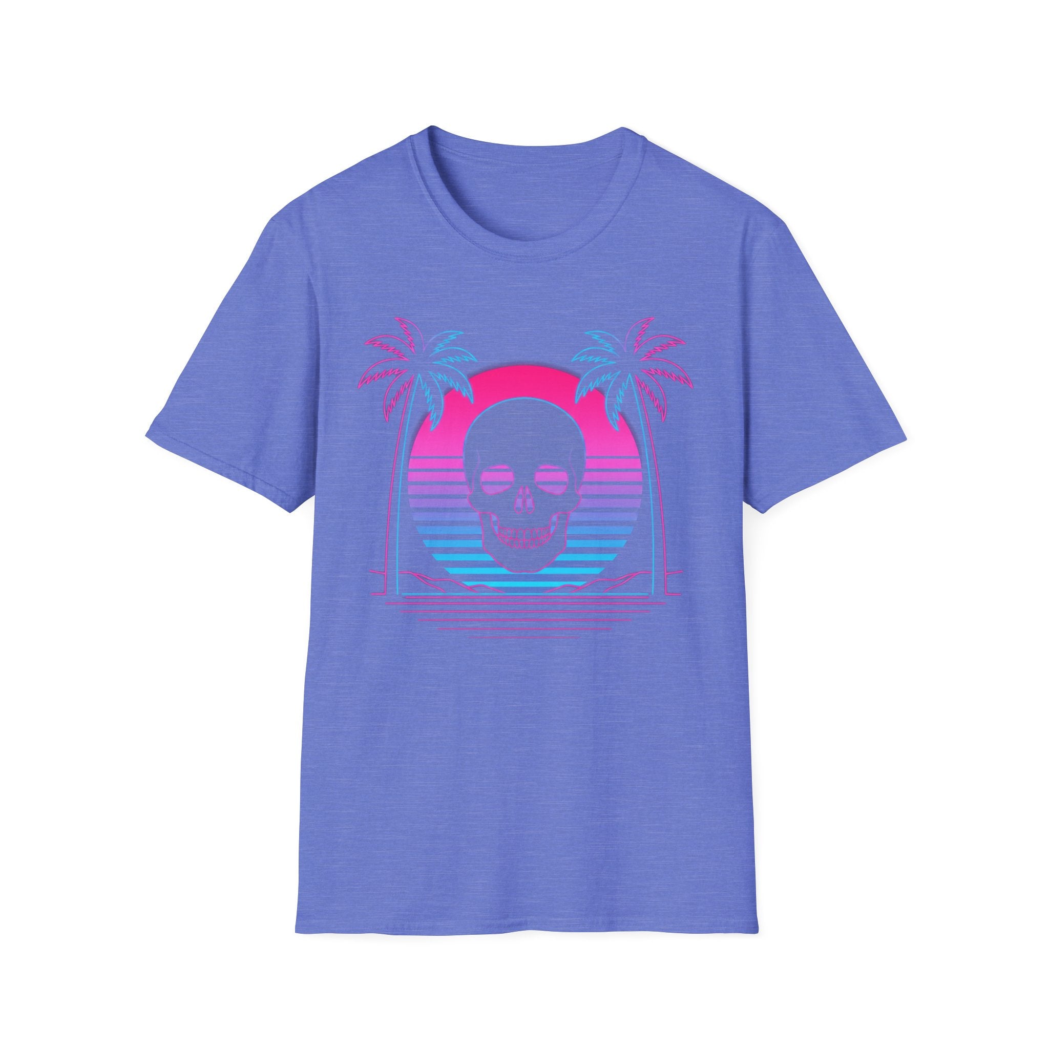Blue T-shirt with vaporwave skull graphic, palm trees and sunset arch design